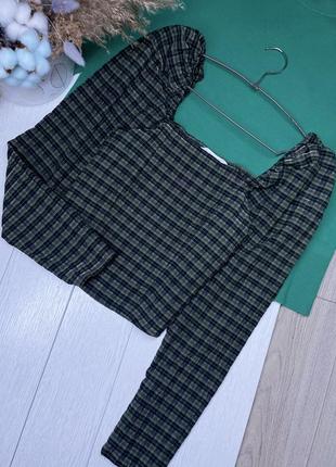 Коротка блуза h&m xs блуза з об’ємними плечами блуза в клітинку з квадратним вирізом