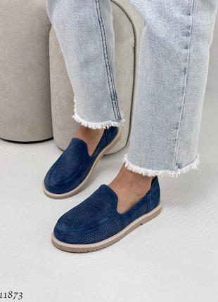 Синие натуральные замшевые туфли лоферы мокасины со с сквозной перфорацией на бежевой подошве замш джинсовые