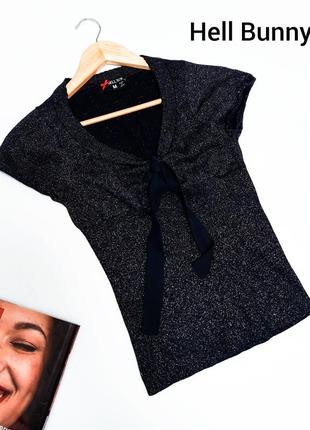 Женская праздничная черная блуза с блестками с завязками вперед с коротким рукавом от бренда hell bunny