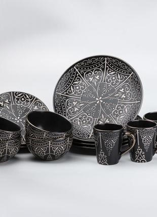 Вінтажний столовий керамічний сервіз зі східним візерунком, на 4 особи (16 предметів), чорний.
