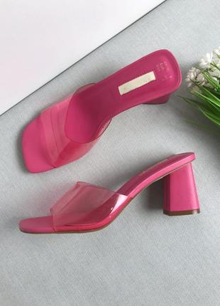 Яркие розовые босоножки мюли на каблуке, прозрачные силиконовые primark, сабо