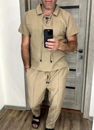Костюм натуральный лен льняная рубашка мужской джоггеры зауженные длинная оверсайз брюки футболка оверсайз короткий рукав завязка шнуровка