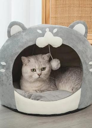 Домик-лежанка для домашних животных, мягкий в форме кошки 40х40х40 см, серый (sv3430)