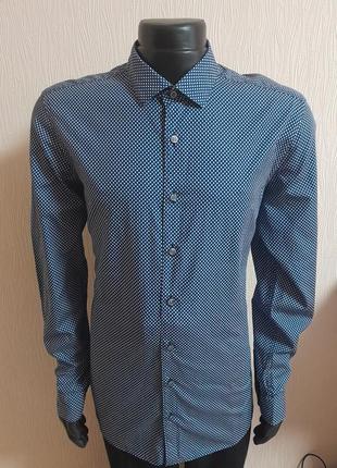 Шикарная хлопковая рубашка синего цвета в принт olymp level five body fit smart business