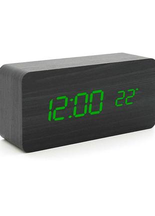 Электронные часы vst-862 wooden (black), с датчиком температуры, будильник, питание от кабеля usb, green light