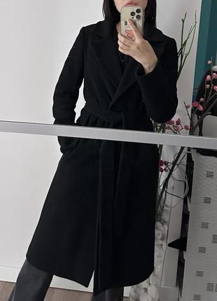 Черное пальто женское с поясом классическое длинное приталенное демисниз осень весна xxs-xs