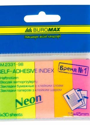 Стікер-закладка buromax plastic bookmarks 45x15mm, 5*30шт, rectangles, neon colors (bm.2331-98)