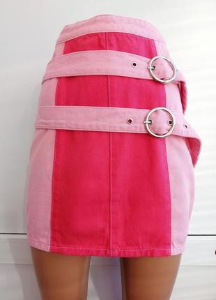 Юбка женская розовая джинсовая с ремешками