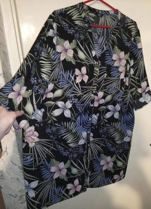 Стрейч,удлинённая блузка-рубашка с карманом,рукав 2 в 1,цветочный принт,батал,f&f