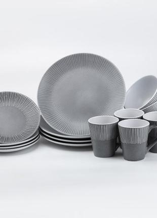 Набір столового посуду на 4 персони з  геометричними візерунками, сірий, 3 види тарілок + чашка 400 мл