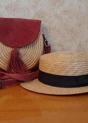 Сумка через плече "lola" з рафії та замші ручної роботи (марокко)+солом'яний капелюх від сонця.