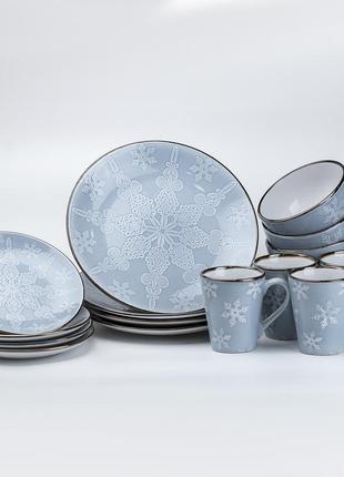 Столовый сервиз посуды на 4 персоны, 3 вида тарелок+чашка, серого цвета с зимним узором,16 предметов