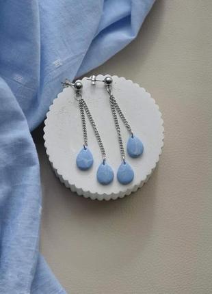Женские длинные серьги голубые капли из глины на цепочке