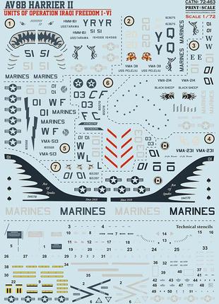 Print scale 72-463 av-8b harrier units operation iraqoi freedom i-vi декаль для моделей, в масштабе 1:72