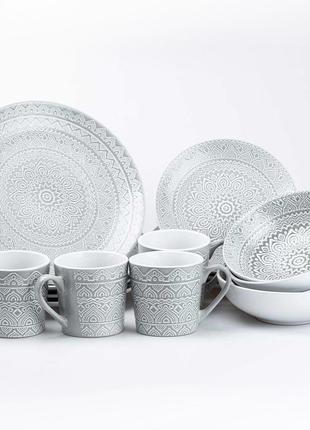 Набор столовой посуды на 4 персоны с этническими узорами, белый, 3 вида тарелок + чашка 400 мл