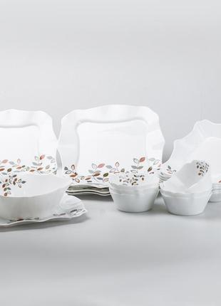 Сервіз столовий керамічний на 6 персон в класичному стилі з рослинним принтом, білий, 26 предметів