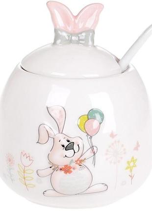 Сахарница керамическая "веселый кролик" с шариками, с керамической ложкой