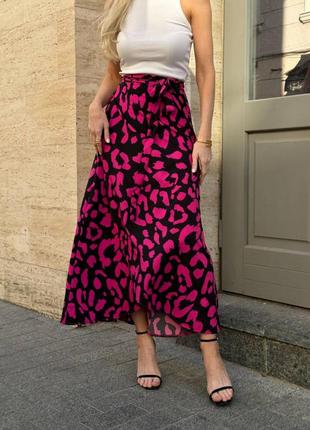 Розовая малиновая леопардовая женская юбка миди на запах женская длинная юбка с леопардовым принтом