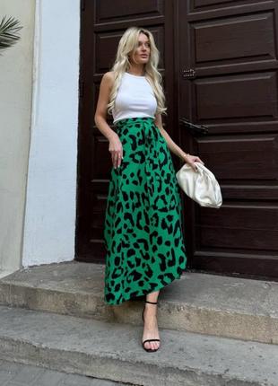 Зеленая леопардовая женская юбка миди на запах женская длинная юбка с леопардовым принтом