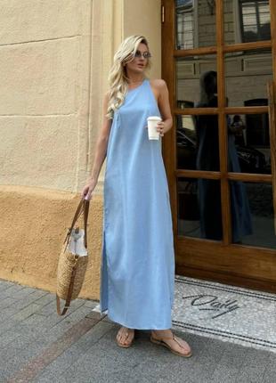 Голубое женское длинное льняное платье свободного кроя женское платье макси из льна базовая прогулочная повседневная длинная платье