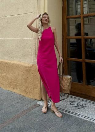 Рожева малинова жіноча довга льняна сукня вільного крою жіноча сукня максі з льону базова прогулянкова повсякденна довга сукня