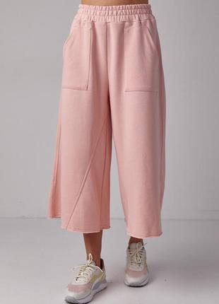 Женские качественные укороченные молодежные широкие брюки кюлоты розовые плотные