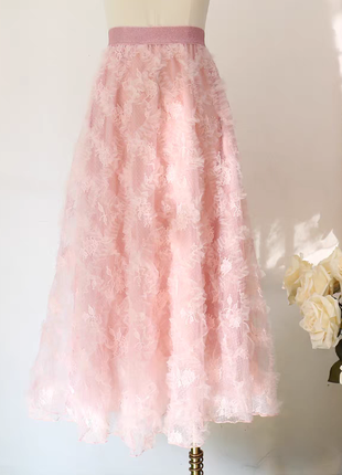 Пышная романтичная юбка миди из фатина в цветы розы белая розовая прозрачная сетка