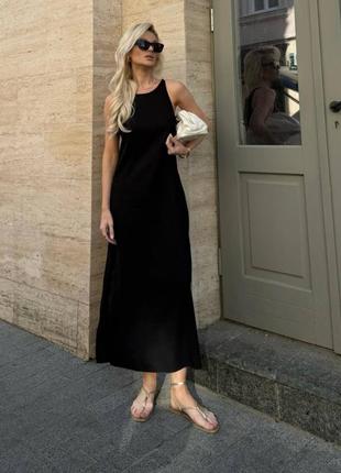 Чорна жіноча довга льняна сукня вільного крою жіноча сукня максі з льону базова прогулянкова повсякденна довга сукня