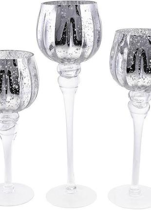Набір 3 скляних свічники catherine 30 см, 35 см, 40 см, срібло антик
