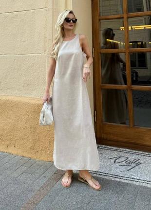 Бежева молочна жіноча довга льняна сукня вільного крою жіноча сукня максі з льону базова прогулянкова повсякденна довга сукня