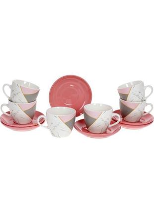 Кофейный сервиз "мрамор" 6 чашек 240мл и 6 блюдец, фарфор, белый с розовым и серым