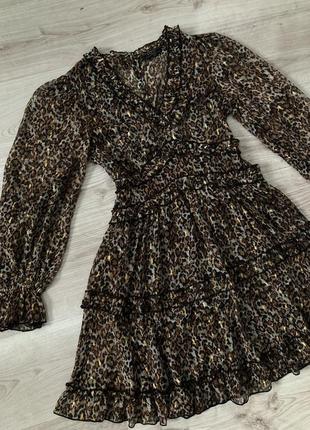 Платье плаття сукня сарафан нарядное клеш торжественное шифоновое шифон прозрачное леопардовое леопард с рюшами воланами тренд софт