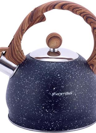 Чайник kamille whistling kettle marble 2л из нержавеющей стали со свистком, черный мрамор