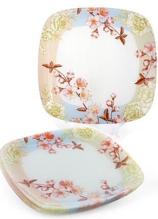 Набір 6 скляних тарілок "квітуча вишня" 25х25 см, обідні тарілки
