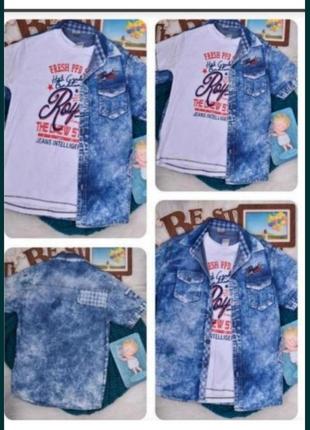 Летний комплект джинсовая рубашка и футболка для мальчика 116-122
