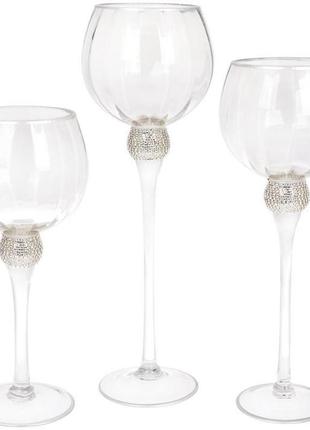 Набір 3 скляних свічники sayora 30 см, 35 см, 40 см, прозорий зі сріблом