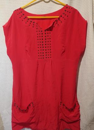 Ро1 шелковая кораловая женская туника длинная блуза без рукавов с карманами шелк шёлк шёлковая геран