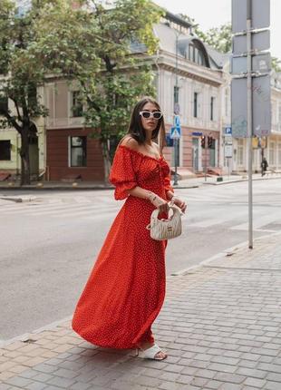 Червона літня легка сукня в горошок плаття максі батал plus size