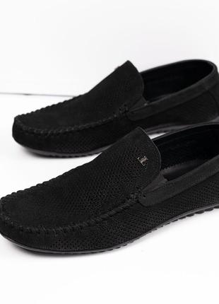Мужские кожаные мокасины черные с перфорацией, летние туфлы мокасины натуральной нубук
