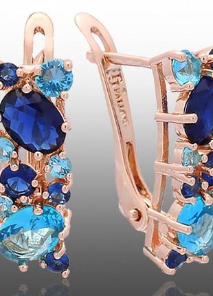 Сережки з синіми та блакитними фіанітами 2 см, медзолото, медичне золото, позолочені xuping/fallon