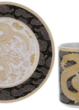 Чайна пара "золотий дракон на чорному" кружечка 500 мл, тарілка ø20 см, порцеляна
