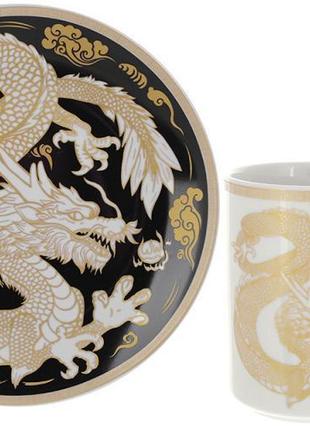 Чайна порцелянова пара "золотий дракон на чорному" кухоль 500 мл, тарілка ø20 см