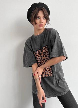 Оверсайз футболка вареный графит с леопардовым принтом xs s m l 42 44 46 48 туреченица
