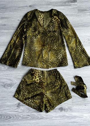 Роскошный костюм animal print кимоно высокие шорты на резинке xs s тигровый леопардовый змеиный принт