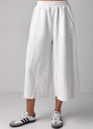 Женские качественные укороченные молодежные широкие брюки кюлоты белые плотные