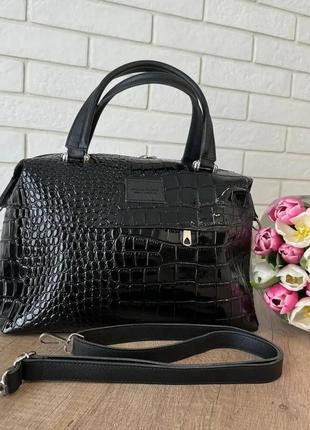 Большая женская сумка под рептилию черная, женская сумочка  лаковая рептилия