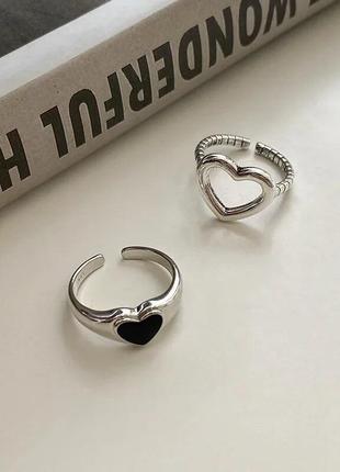 Тренд набор 2 кольца парные кольца женские для девушек серебристые минималистичные сердце