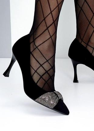 Елегантні жіночі туфлі на шпильці з бантом стразами туфельки на підборах замшеві з гострим носком туфли на шпильке