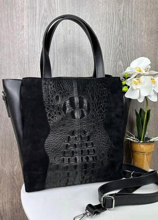 Женская замшевая сумка черная через плечо под рептилию, женская сумочка крокодил натуральная замша