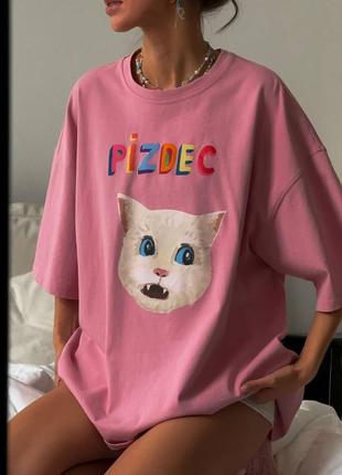 Розовая женская футболка оверсайз свободного кроя с принтом женская футболка оверсайз с котом